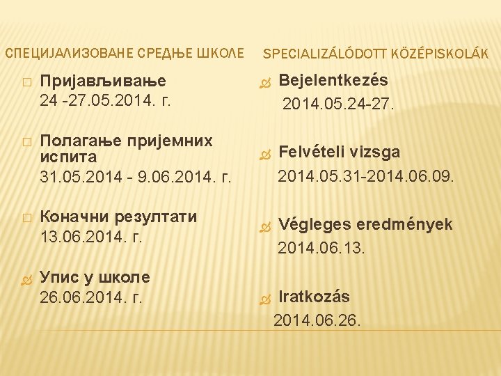 СПЕЦИЈАЛИЗОВАНЕ СРЕДЊЕ ШКОЛЕ SPECIALIZÁLÓDOTT KÖZÉPISKOLÁK Bejelentkezés 2014. 05. 24 -27. Полагање пријемних испита 31.