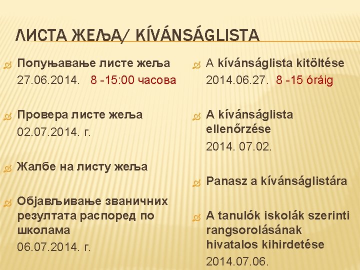 ЛИСТА ЖЕЉА/ KÍVÁNSÁGLISTA Попуњавање листе жеља 27. 06. 2014. 8 -15: 00 часова A