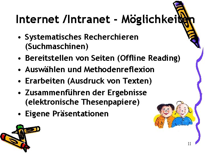 Internet /Intranet - Möglichkeiten • Systematisches Recherchieren (Suchmaschinen) • Bereitstellen von Seiten (Offline Reading)
