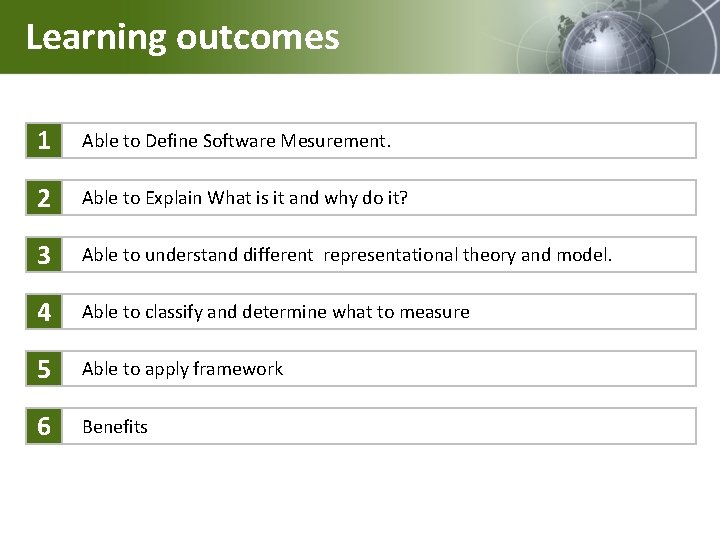 Learning outcomes 1 Able to Define Software Mesurement. 2 Able to Explain What is