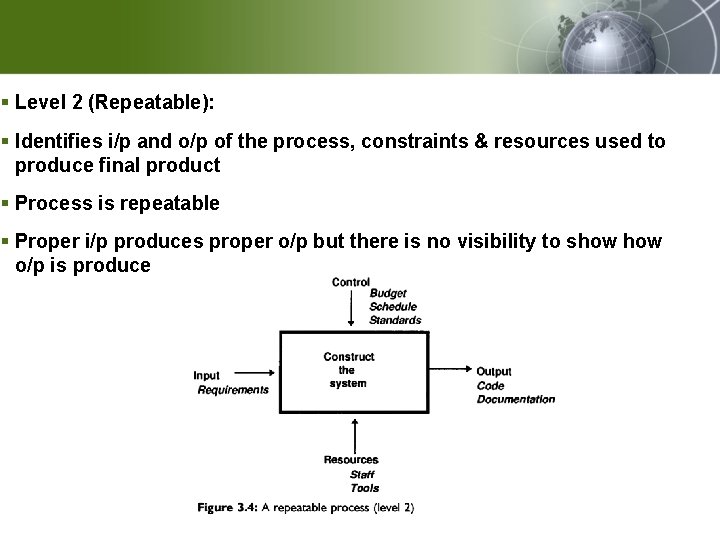 § Level 2 (Repeatable): § Identifies i/p and o/p of the process, constraints &