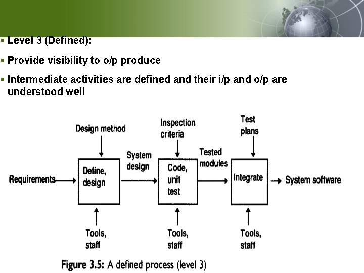 § Level 3 (Defined): § Provide visibility to o/p produce § Intermediate activities are