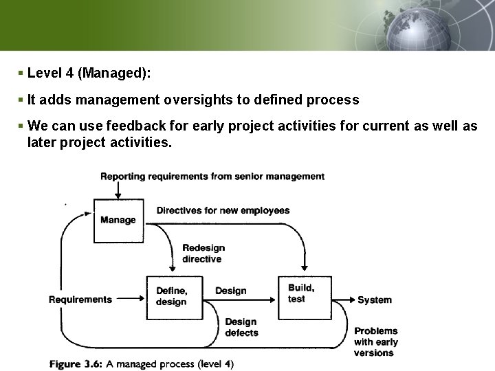 § Level 4 (Managed): § It adds management oversights to defined process § We