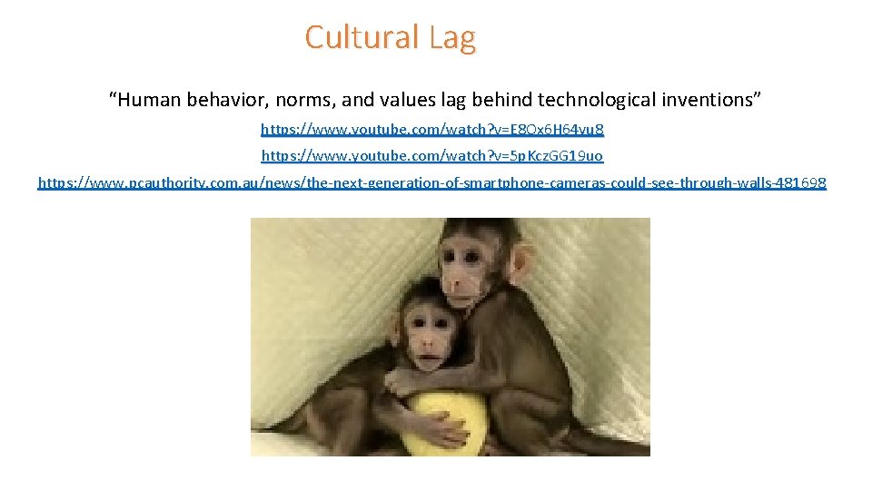 Cultural Lag “Human behavior, norms, and values lag behind technological inventions” https: //www. youtube.