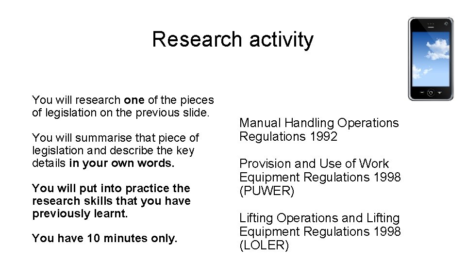Research activity You will research one of the pieces of legislation on the previous