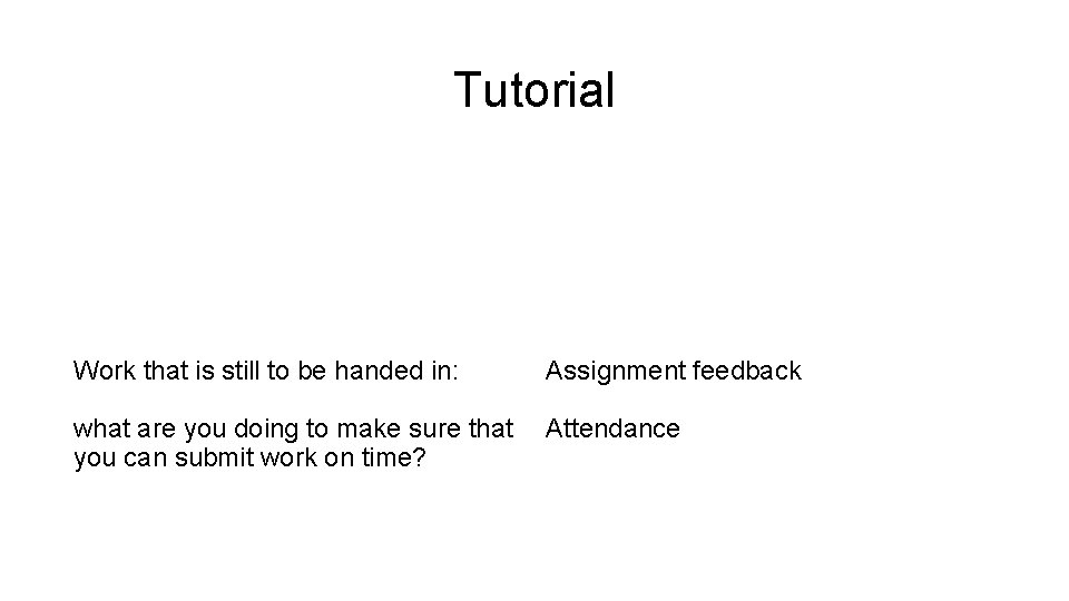 Tutorial Work that is still to be handed in: Assignment feedback what are you