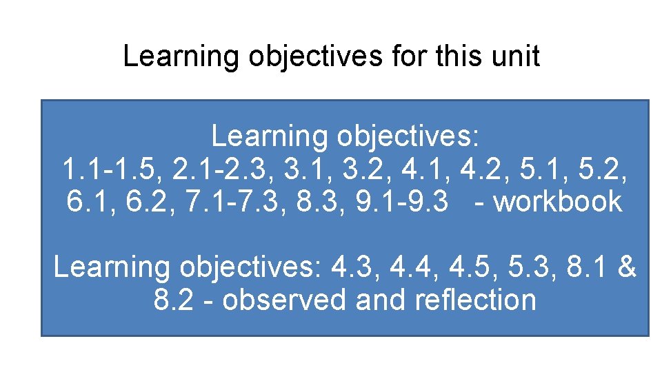 Learning objectives for this unit Learning objectives: 1. 1 1. 5, 2. 1 2.