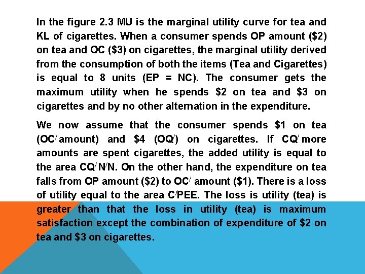 In the figure 2. 3 MU is the marginal utility curve for tea and