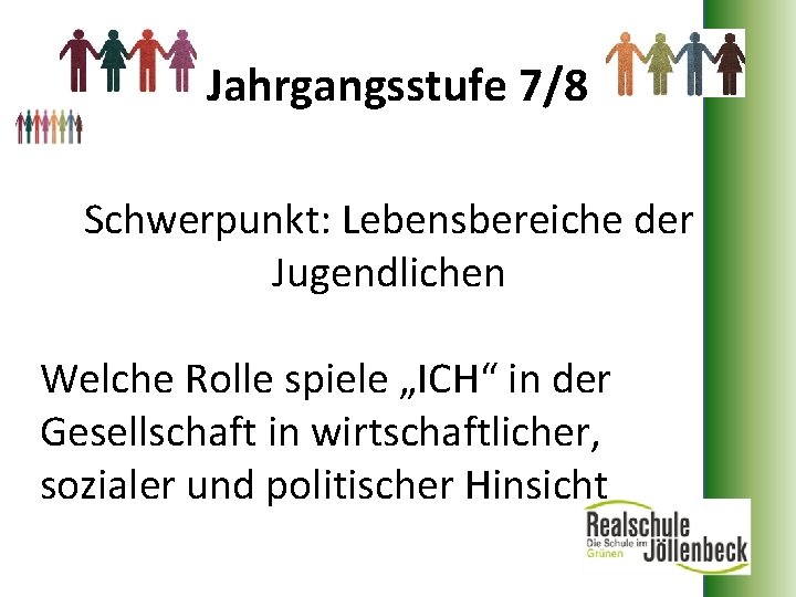 Jahrgangsstufe 7/8 Schwerpunkt: Lebensbereiche der Jugendlichen Welche Rolle spiele „ICH“ in der Gesellschaft in