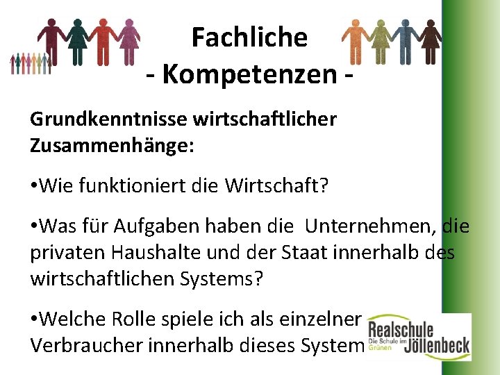 Fachliche - Kompetenzen Grundkenntnisse wirtschaftlicher Zusammenhänge: • Wie funktioniert die Wirtschaft? • Was für