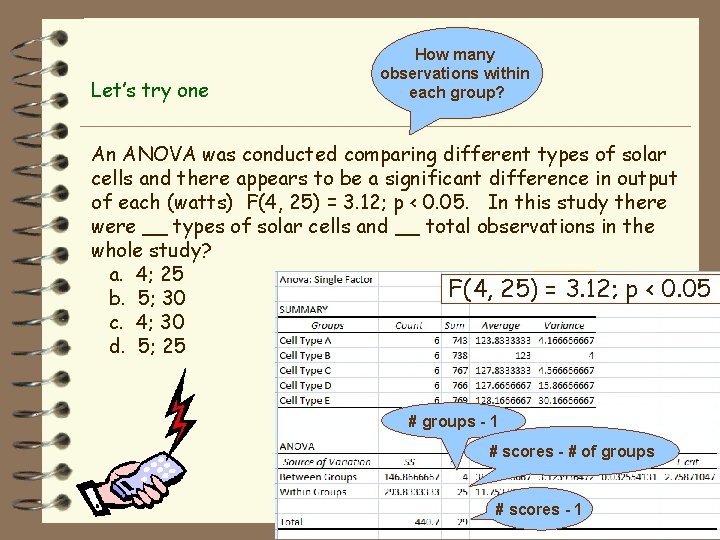Let’s try one How many observations within each group? An ANOVA was conducted comparing