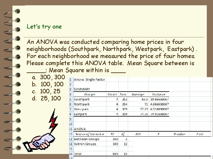 Let’s try one An ANOVA was conducted comparing home prices in four neighborhoods (Southpark,