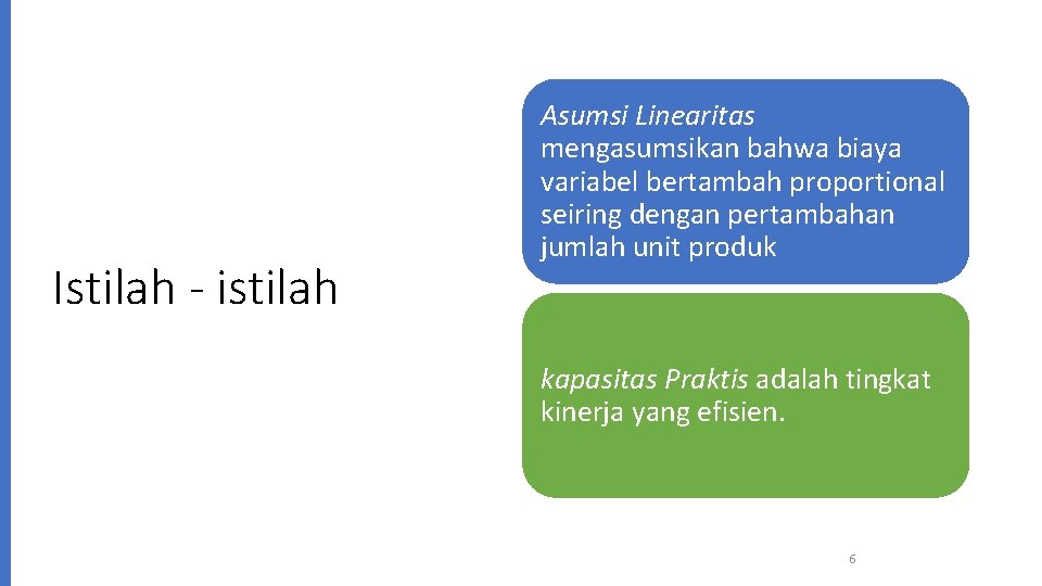 Istilah - istilah Asumsi Linearitas mengasumsikan bahwa biaya variabel bertambah proportional seiring dengan pertambahan