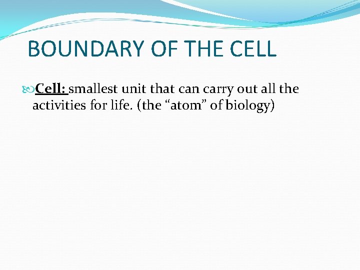 BOUNDARY OF THE CELL Cell: smallest unit that can carry out all the activities BOUNDARY OF THE CELL Cell: smallest unit that can carry out all the activities