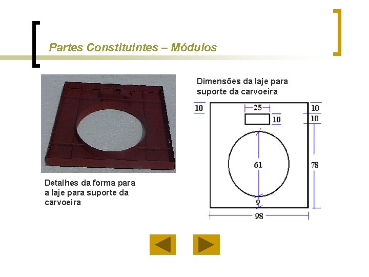 Partes Constituintes – Módulos Dimensões da laje para suporte da carvoeira Detalhes da forma
