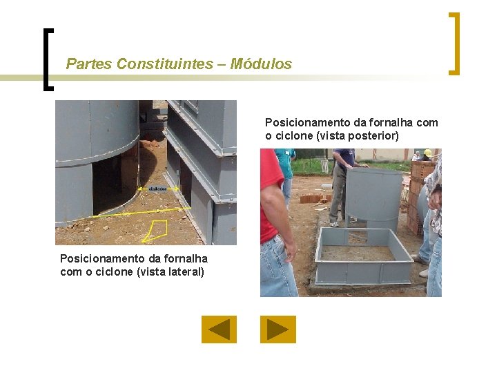 Partes Constituintes – Módulos Posicionamento da fornalha com o ciclone (vista posterior) Posicionamento da