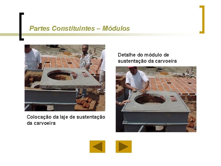 Partes Constituintes – Módulos Detalhe do módulo de sustentação da carvoeira Colocação da laje