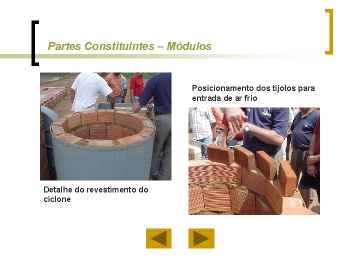 Partes Constituintes – Módulos Posicionamento dos tijolos para entrada de ar frio Detalhe do