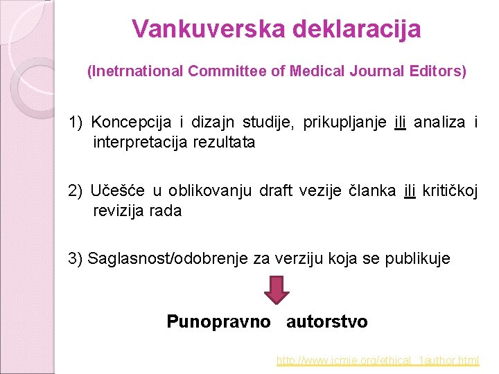 Vankuverska deklaracija (Inetrnational Committee of Medical Journal Editors) 1) Koncepcija i dizajn studije, prikupljanje