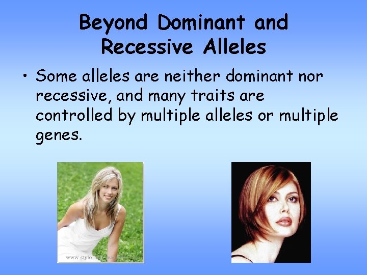 Beyond Dominant and Recessive Alleles • Some alleles are neither dominant nor recessive, and