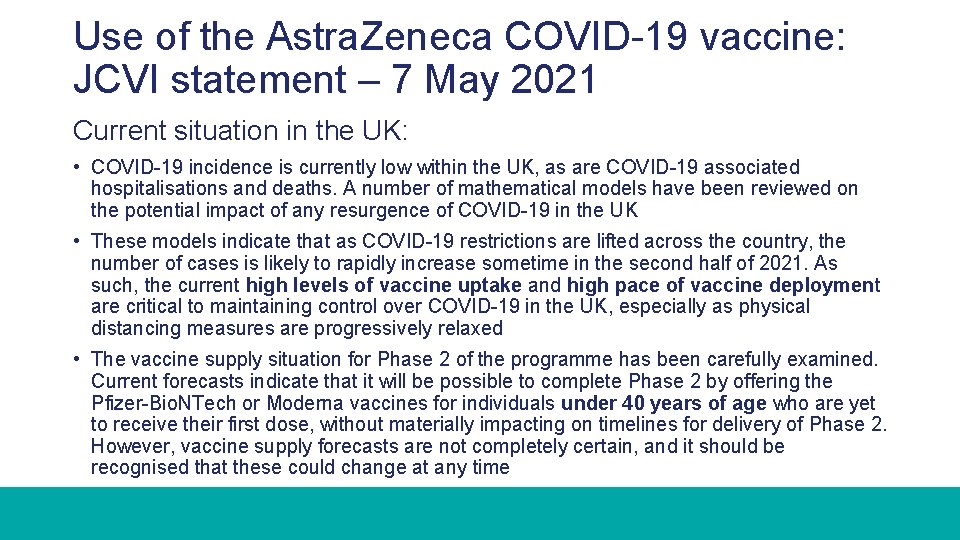 Use of the Astra. Zeneca COVID-19 vaccine: JCVI statement – 7 May 2021 Current