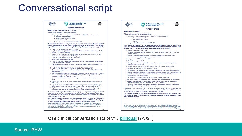 Conversational script C 19 clinical conversation script v 13 bilingual (7/5/21) Source: PHW 