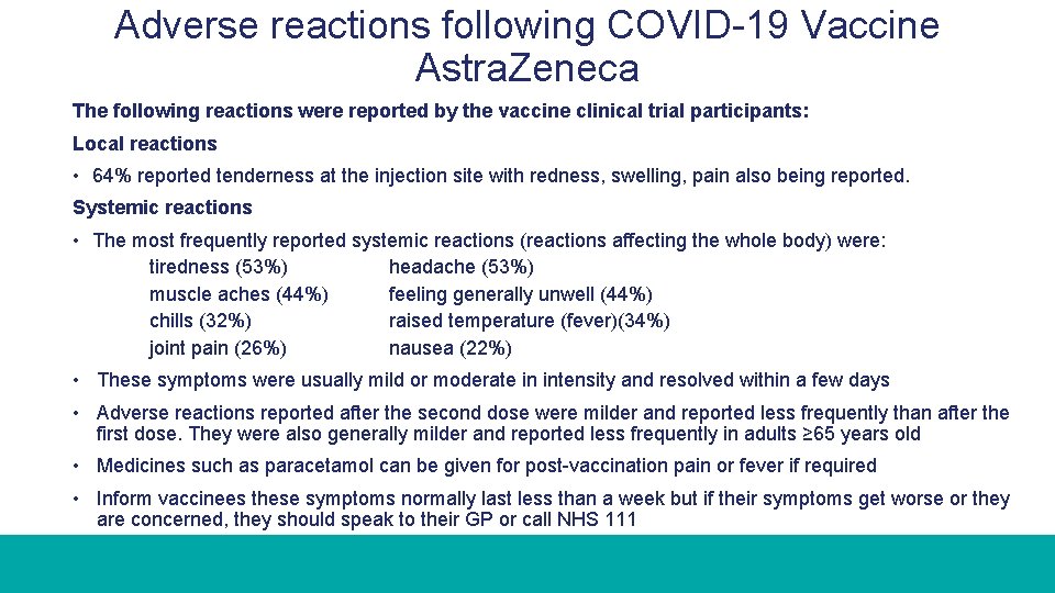 Adverse reactions following COVID-19 Vaccine Astra. Zeneca The following reactions were reported by the