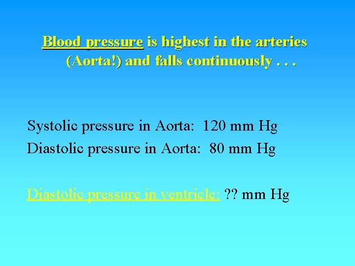 Blood pressure is highest in the arteries (Aorta!) and falls continuously. . . Systolic Blood pressure is highest in the arteries (Aorta!) and falls continuously. . . Systolic