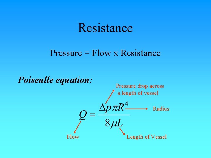 Resistance Pressure = Flow x Resistance Poiseulle equation: Pressure drop across a length of Resistance Pressure = Flow x Resistance Poiseulle equation: Pressure drop across a length of