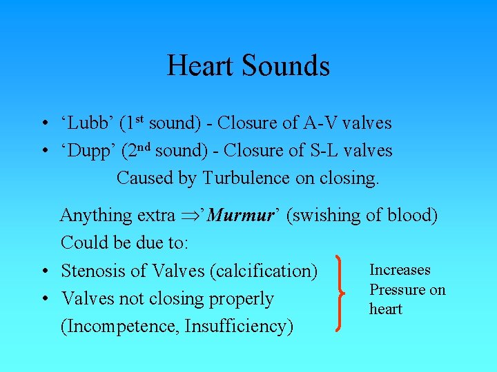 Heart Sounds • ‘Lubb’ (1 st sound) - Closure of A-V valves • ‘Dupp’ Heart Sounds • ‘Lubb’ (1 st sound) - Closure of A-V valves • ‘Dupp’