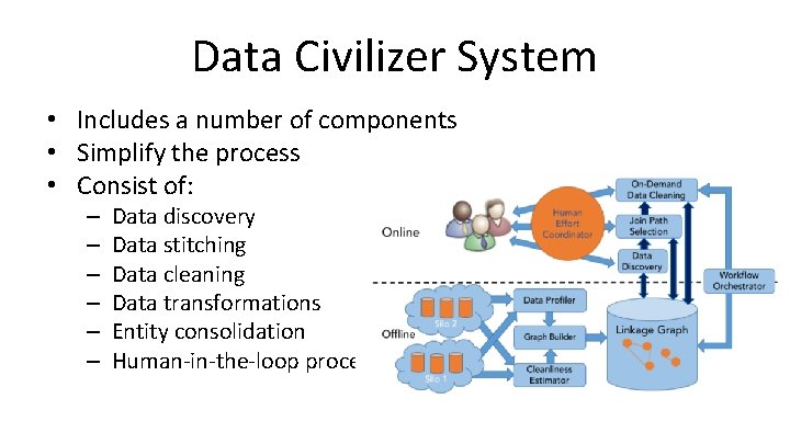 Data Civilizer System • Includes a number of components • Simplify the process •