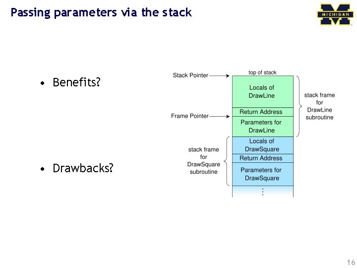 Passing parameters via the stack • Benefits? • Drawbacks? 16 