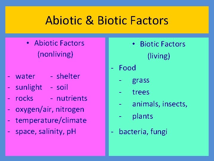 Abiotic & Biotic Factors • Abiotic Factors (nonliving) - water - shelter sunlight -