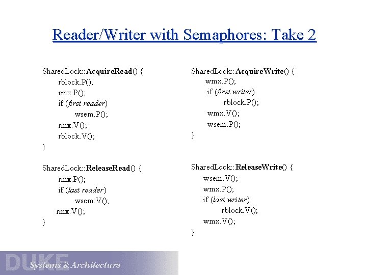 Reader/Writer with Semaphores: Take 2 Shared. Lock: : Acquire. Read() { rblock. P(); rmx.