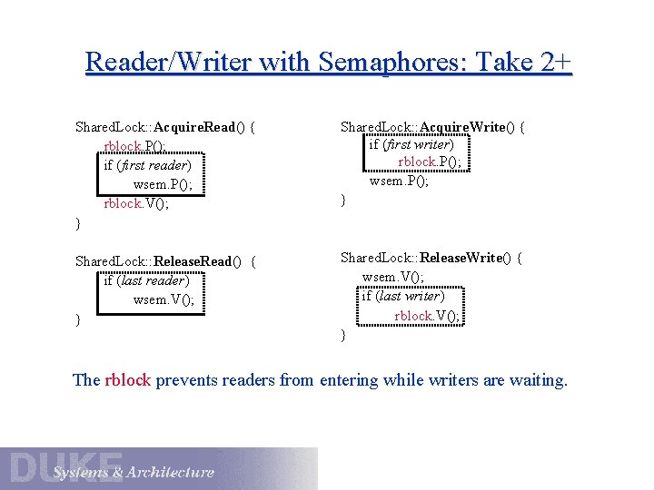 Reader/Writer with Semaphores: Take 2+ Shared. Lock: : Acquire. Read() { rblock. P(); if
