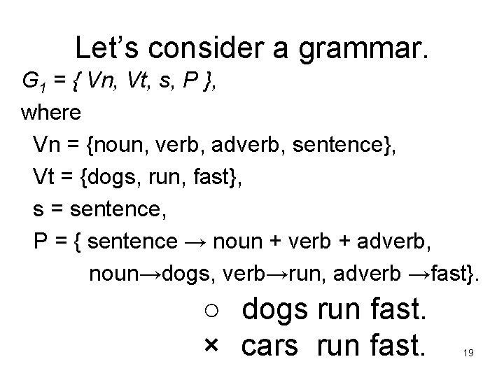 Let’s consider a grammar. G 1 = { Vn, Vt, s, P }, where