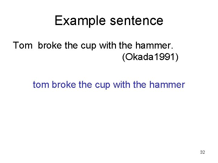 Example sentence Tom broke the cup with the hammer. (Okada 1991) tom broke the