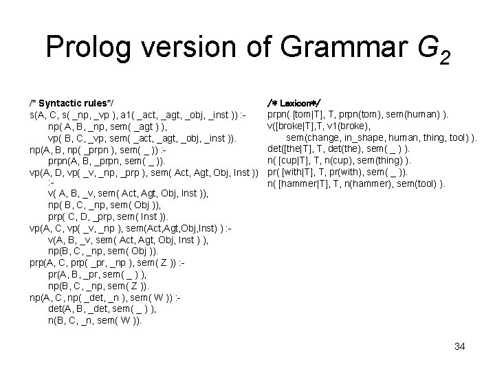 Prolog version of Grammar G 2 /* Syntactic rules*/ s(A, C, s( _np, _vp