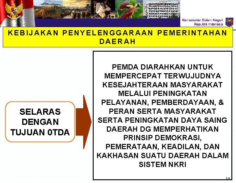 KEBIJAKAN PENYELENGGARAAN PEMERINTAHAN DAERAH SELARAS DENGAN TUJUAN 0 TDA PEMDA DIARAHKAN UNTUK MEMPERCEPAT TERWUJUDNYA