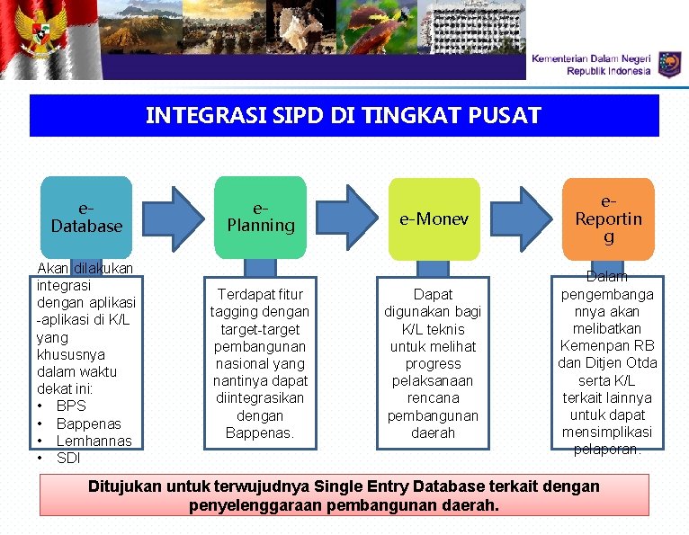 INTEGRASI SIPD DI TINGKAT PUSAT e. Database Akan dilakukan integrasi dengan aplikasi -aplikasi di