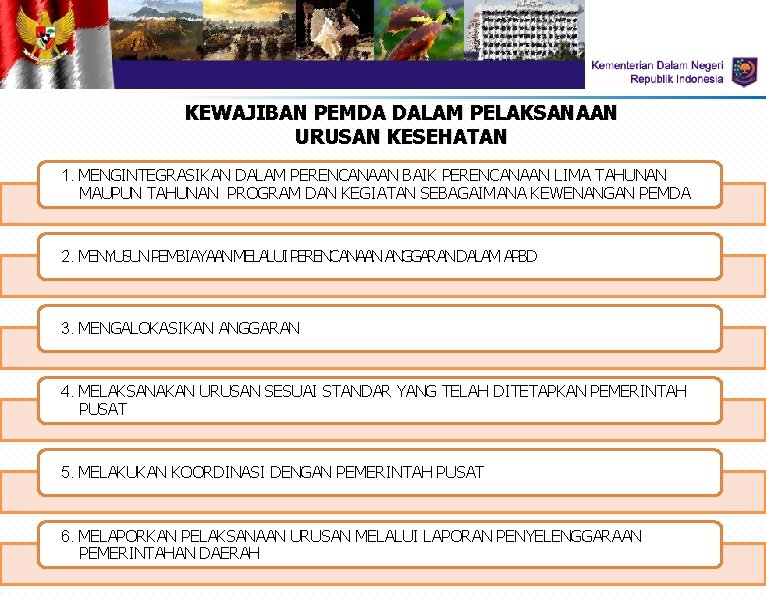 KEWAJIBAN PEMDA DALAM PELAKSANAAN URUSAN KESEHATAN 1. MENGINTEGRASIKAN DALAM PERENCANAAN BAIK PERENCANAAN LIMA TAHUNAN
