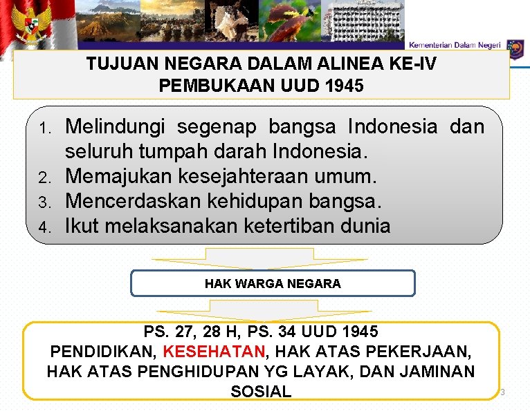 TUJUAN NEGARA DALAM ALINEA KE-IV PEMBUKAAN UUD 1945 Melindungi segenap bangsa Indonesia dan seluruh