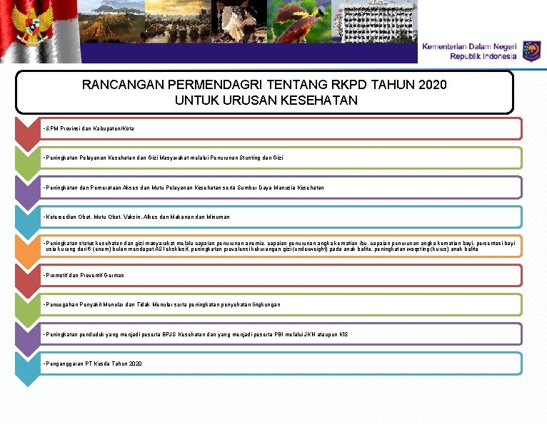 RANCANGAN PERMENDAGRI TENTANG RKPD TAHUN 2020 UNTUK URUSAN KESEHATAN • SPM Provinsi dan Kabupaten/Kota