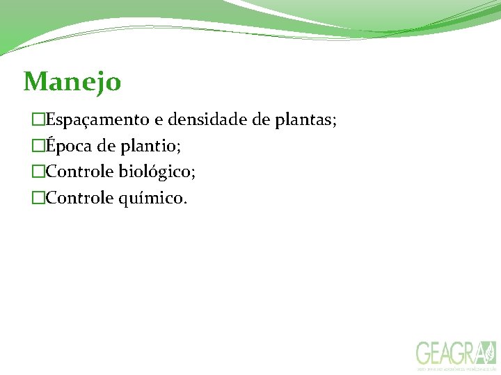 Manejo �Espaçamento e densidade de plantas; �Época de plantio; �Controle biológico; �Controle químico. 