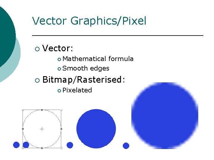 Vector Graphics/Pixel ¡ Vector: ¡ Mathematical formula ¡ Smooth edges ¡ Bitmap/Rasterised: ¡ Pixelated