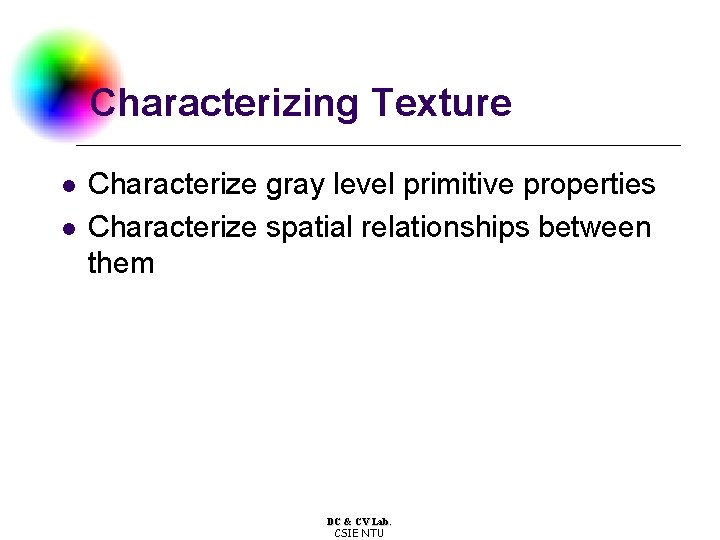 Characterizing Texture l l Characterize gray level primitive properties Characterize spatial relationships between them