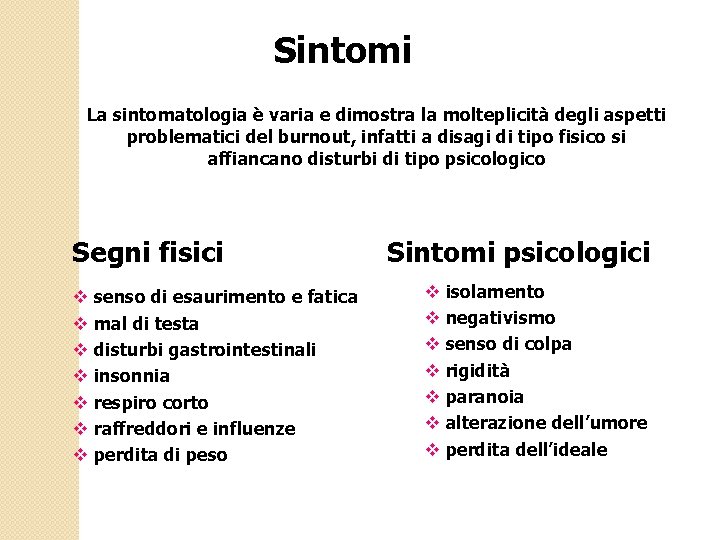 Sintomi La sintomatologia è varia e dimostra la molteplicità degli aspetti problematici del burnout,