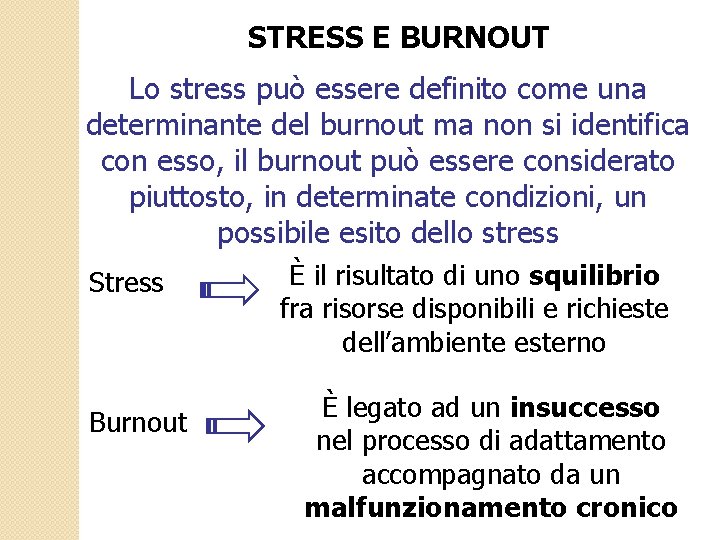 STRESS E BURNOUT Lo stress può essere definito come una determinante del burnout ma