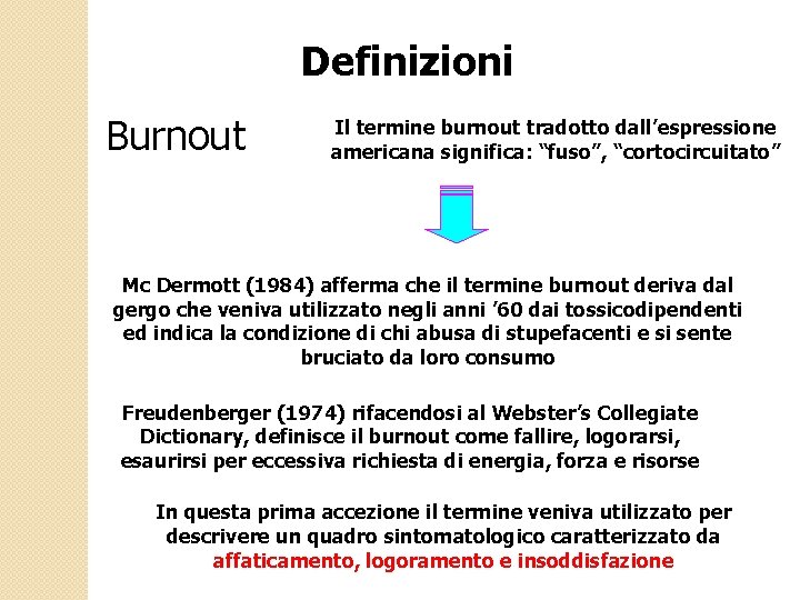 Definizioni Burnout Il termine burnout tradotto dall’espressione americana significa: “fuso”, “cortocircuitato” Mc Dermott (1984)