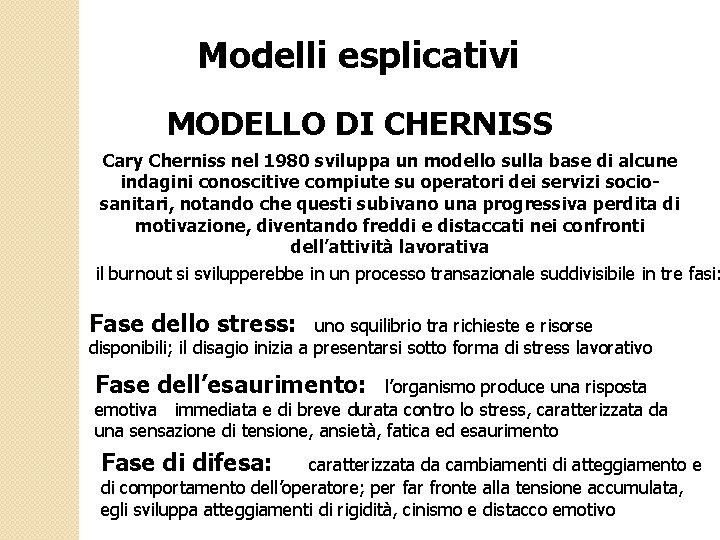 Modelli esplicativi MODELLO DI CHERNISS Cary Cherniss nel 1980 sviluppa un modello sulla base